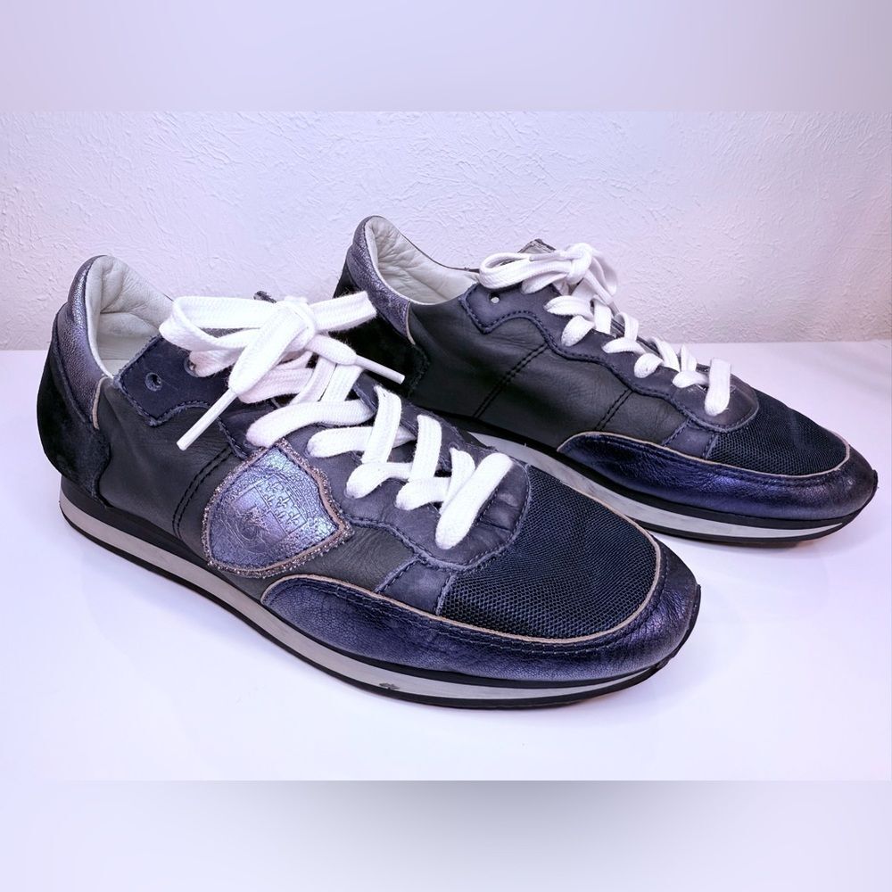 Philippe Model Paris Tropez Bassa Sneakers Black Leather Blue Suede Size 38 VGUC